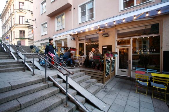 Outdoor cafe seating platforms / parklets in Stockholm 