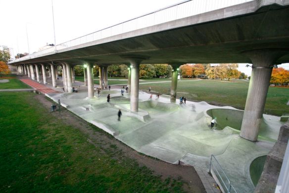 Skatepark built under a freeway in Stockholm 